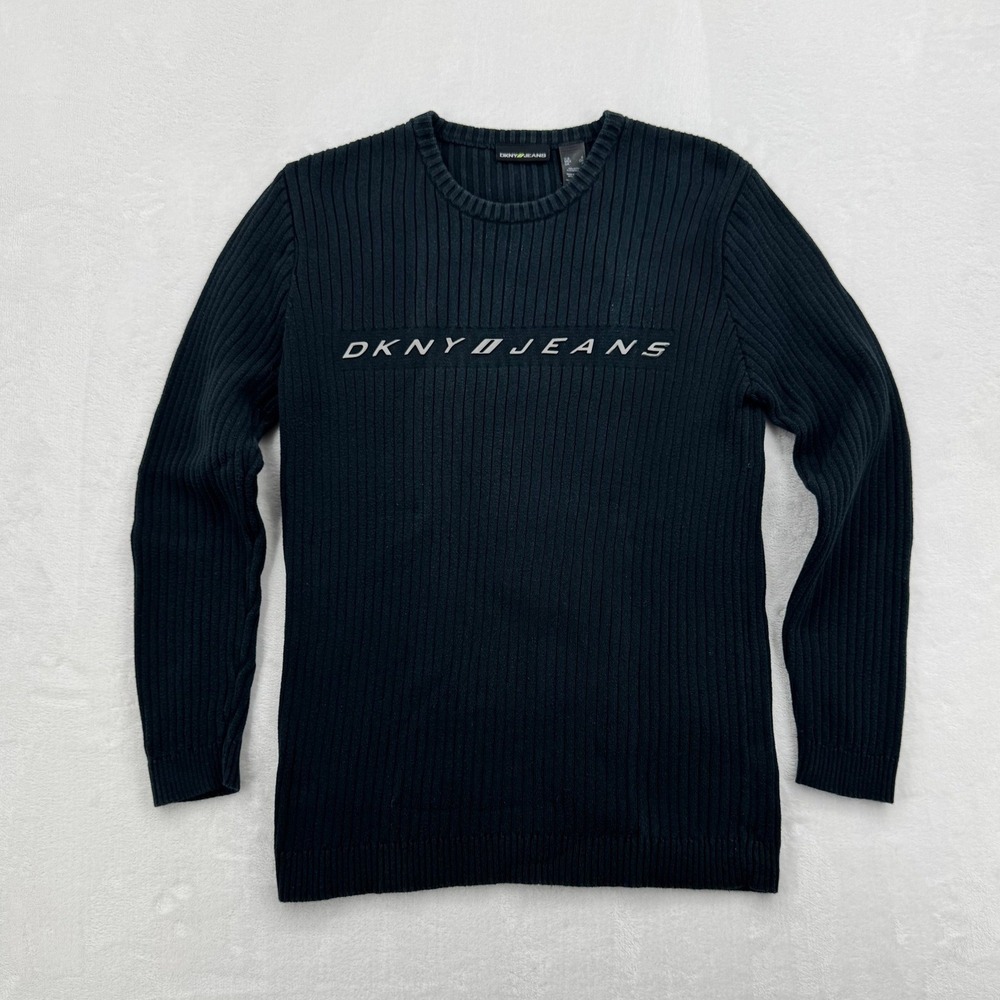 DKNY Jeans Sweater Mens S Dark Green Blue Ribbed Cotton Crew Neck Longsleeve